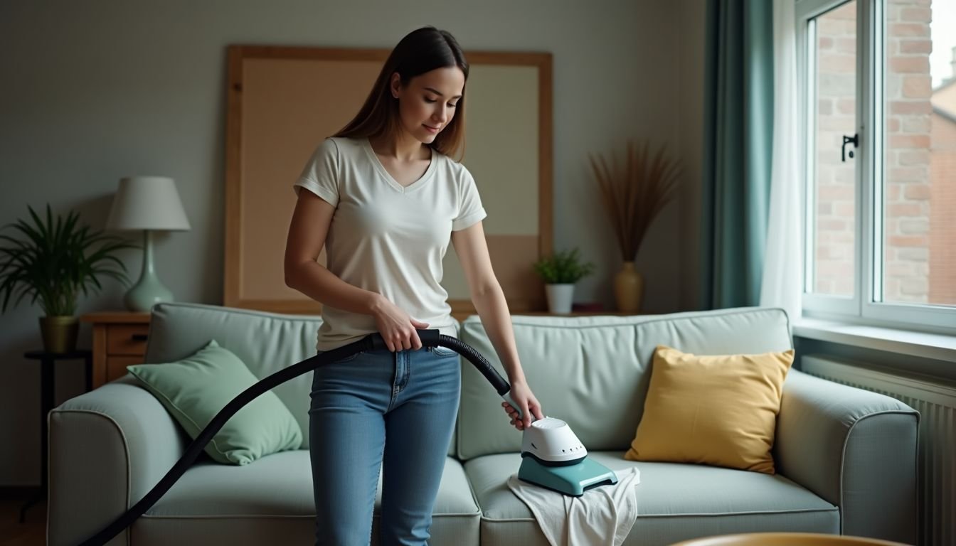 A person using a steam cleaner on a tidy living room sofa.