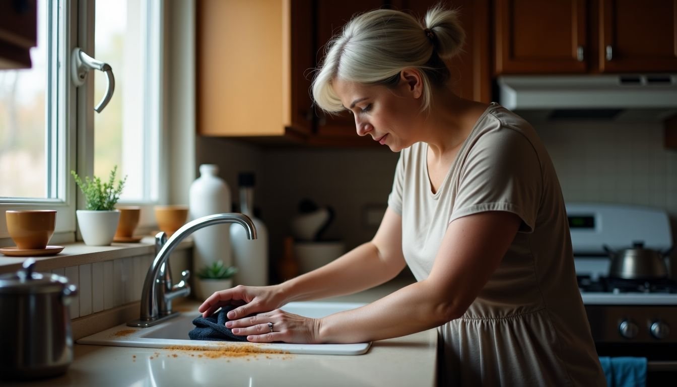 A woman in her 40s deep cleans kitchen cabinets after holidays.