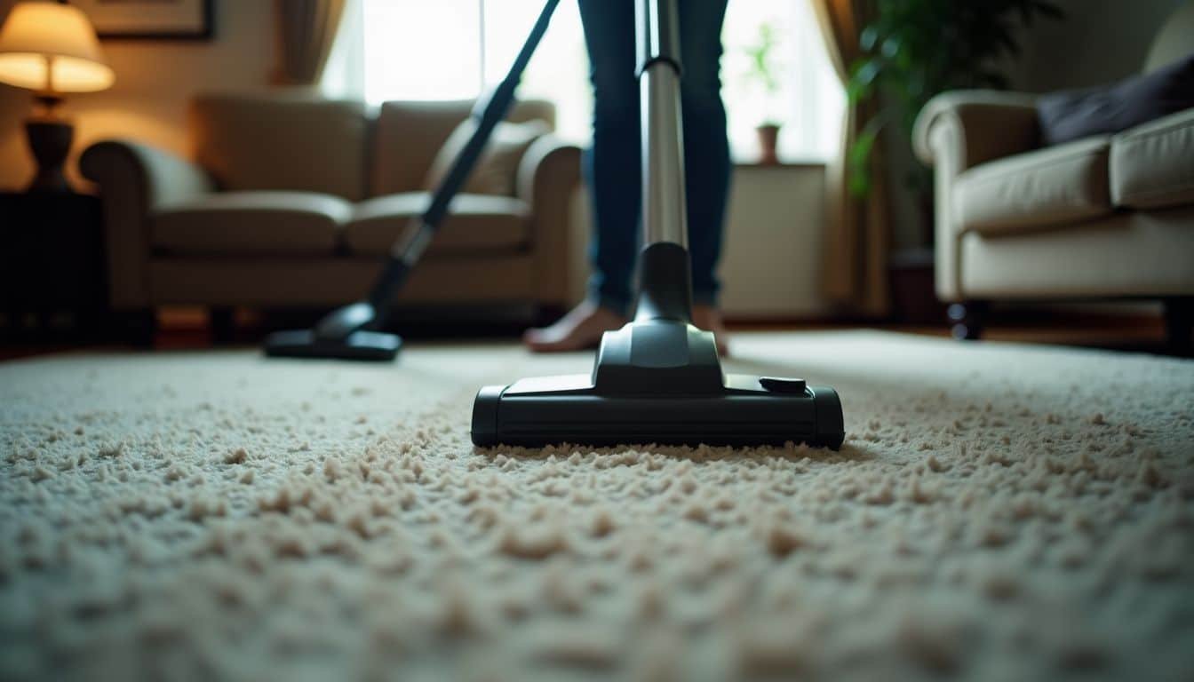 A person is vacuuming a worn living room carpet.