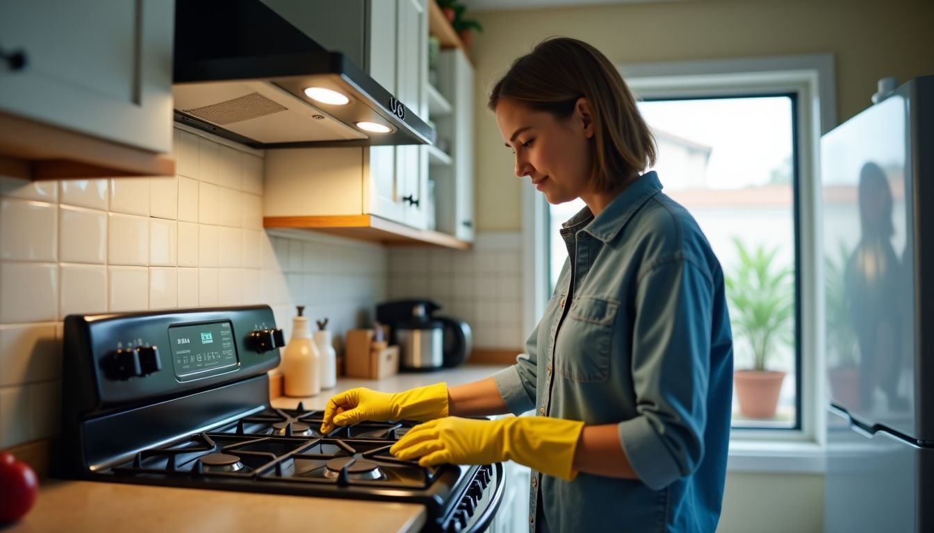 A person cleaning stovetop and oven while wearing gloves in kitchen.