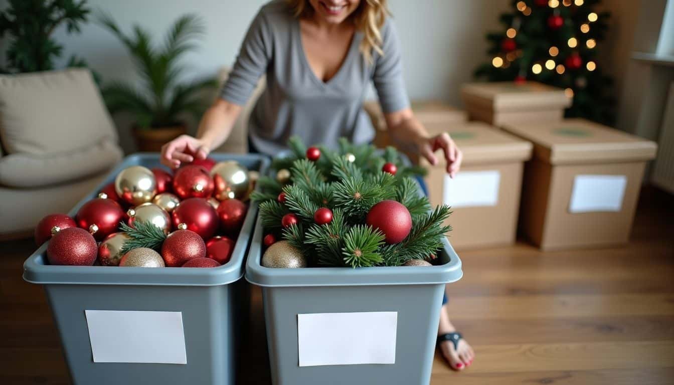 Neatly labeled holiday decoration storage bins in a clutter-free space.