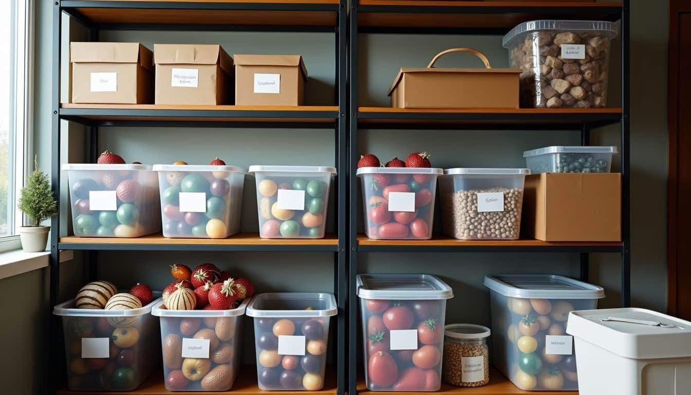 Neatly organized holiday decorations and leftover food storage in labeled bins.