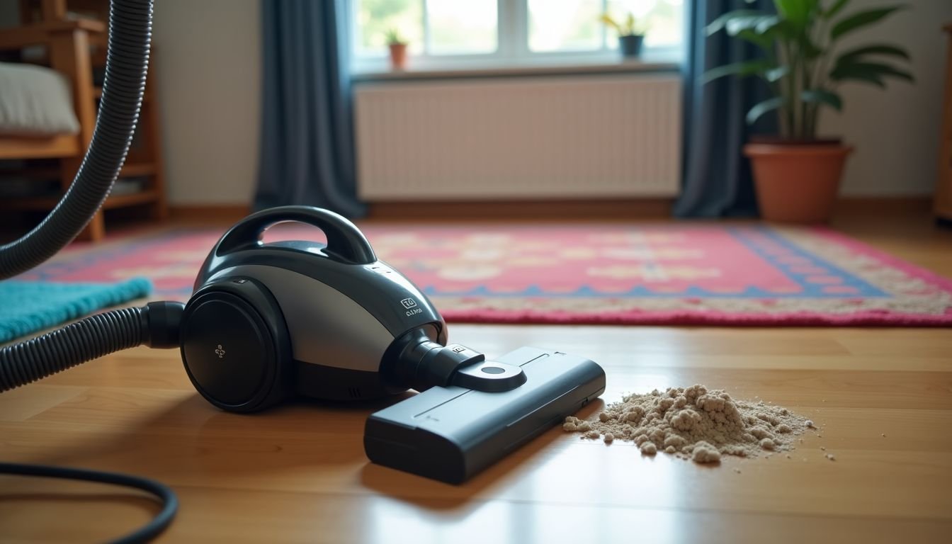 A vacuum cleaner sits in a living room with colorful rugs and loose dirt.