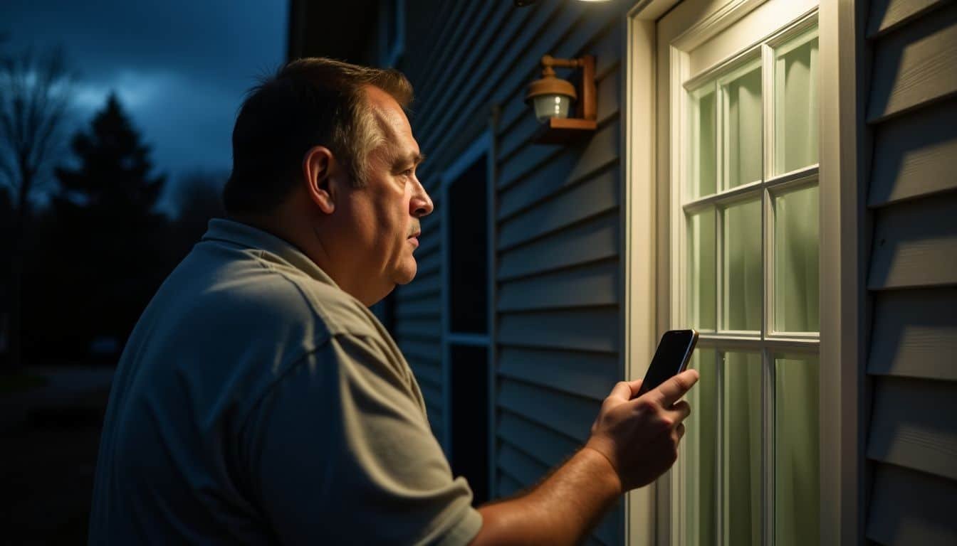 Homeowner inspecting house for storm damage in dim evening light.