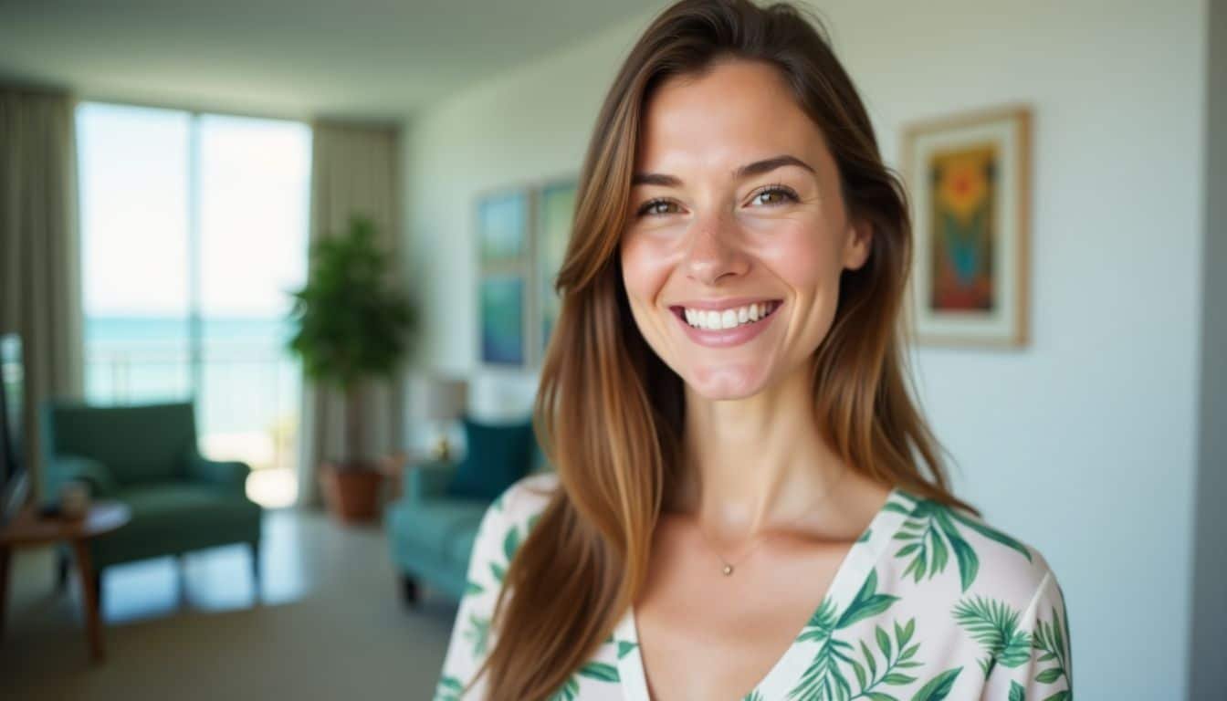 A woman in her 30s happily explores a clean and bright Airbnb rental in Miami.