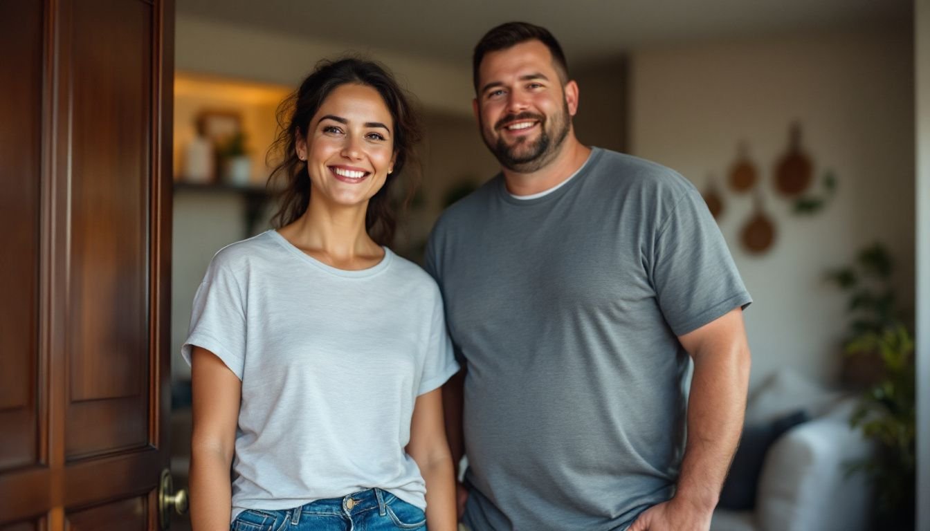 A couple in their 30s with regular features and casual dress entering their well-organized home.