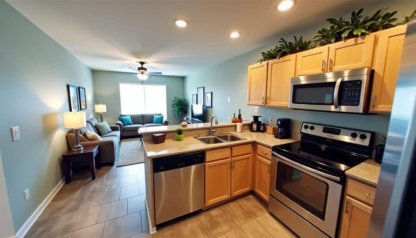 A budget-friendly vacation rental in Orlando with a well-equipped kitchen and access to shared amenities.