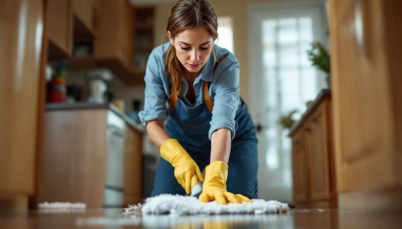 A woman in her 40s is seen deep cleaning a vacation rental with a focused expression.