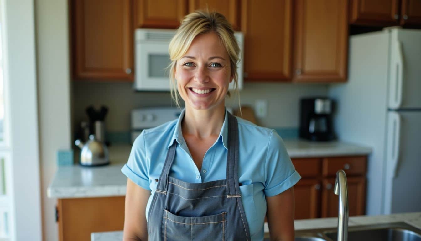 A woman in her 40s is seen actively cleaning and restocking a vacation rental in the Tampa Bay area.