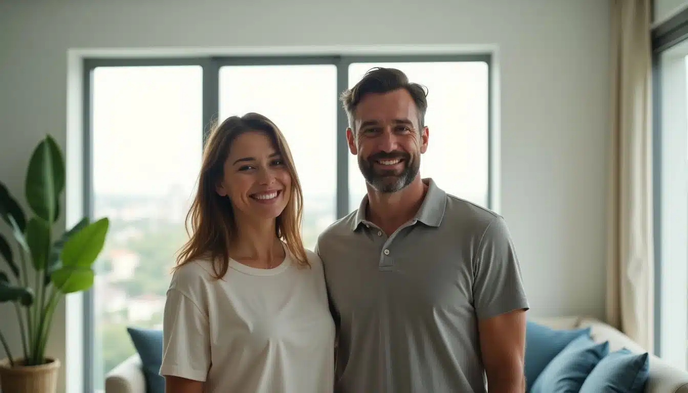 A couple in their late 30s smiling in a clean, modern living room in Miami.