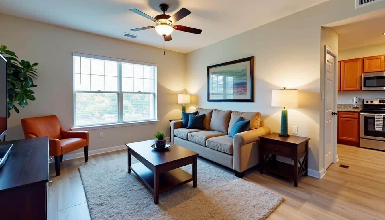 A cozy and modern vacation rental in Orlando with a spacious living room and fully equipped kitchen.