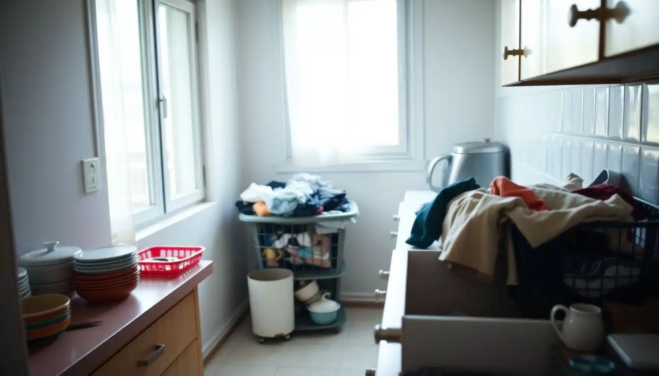 A cluttered kitchen in need of organization and cleaning. A cluttered kitchen in need of organization and cleaning.