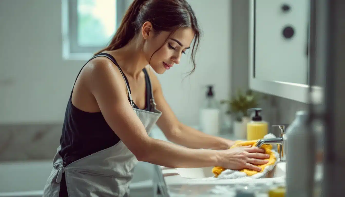 A woman in her 30s scrubbing a bathroom sink in a Miami Airbnb.