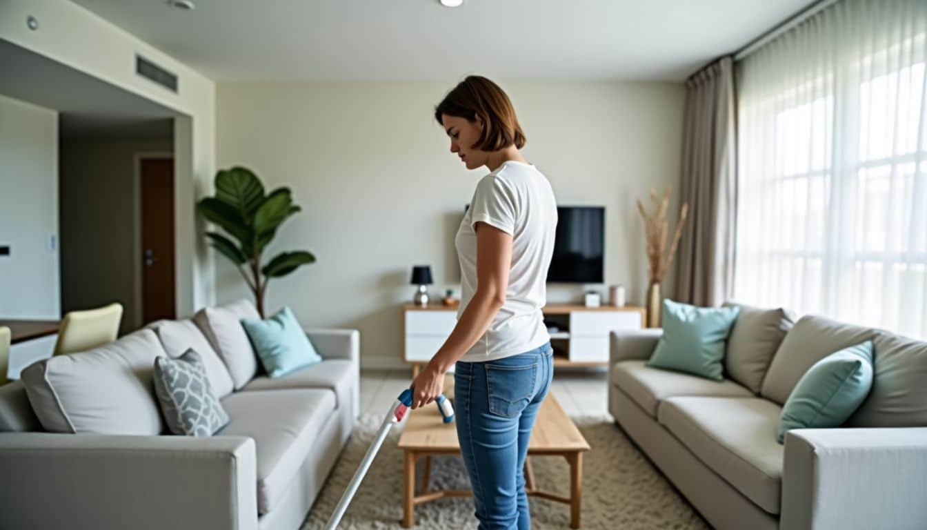 A professional cleaner tidies up a modern Airbnb rental in Miami, Florida.