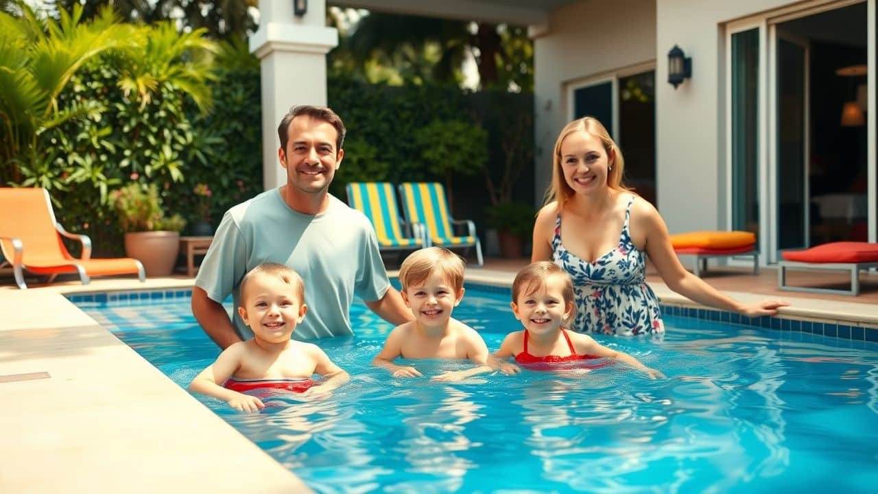 A family of four enjoying a casual day by their private pool in Orlando, FL.