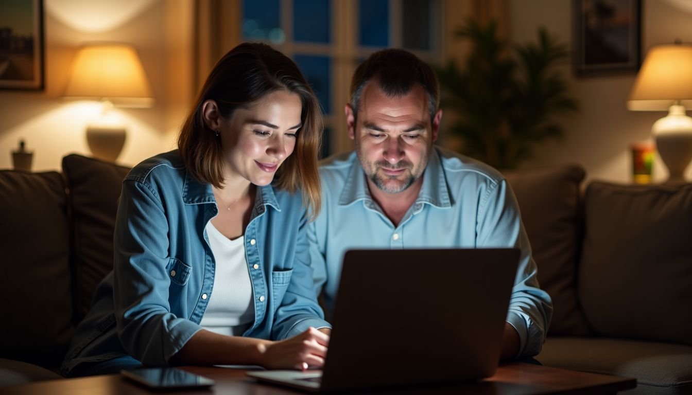 A middle-aged couple is searching for vacation rental cleaners in Tampa Bay on a dimly lit computer.