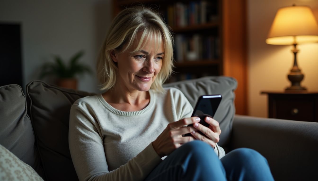 A middle-aged woman sits in a cozy living room, attentively reading customer reviews on her phone.