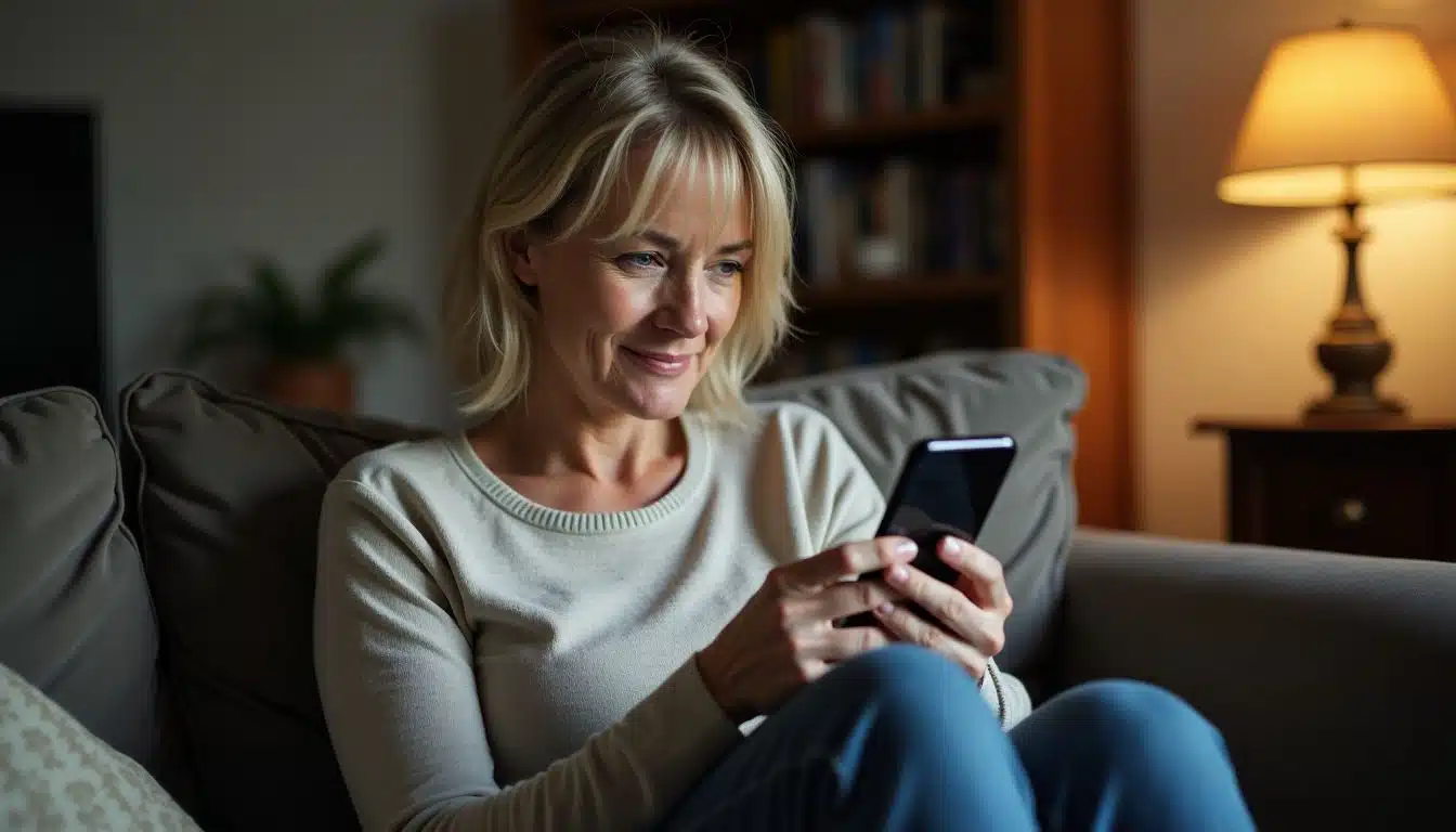 A middle-aged woman sits in a cozy living room, attentively reading customer reviews on her phone.