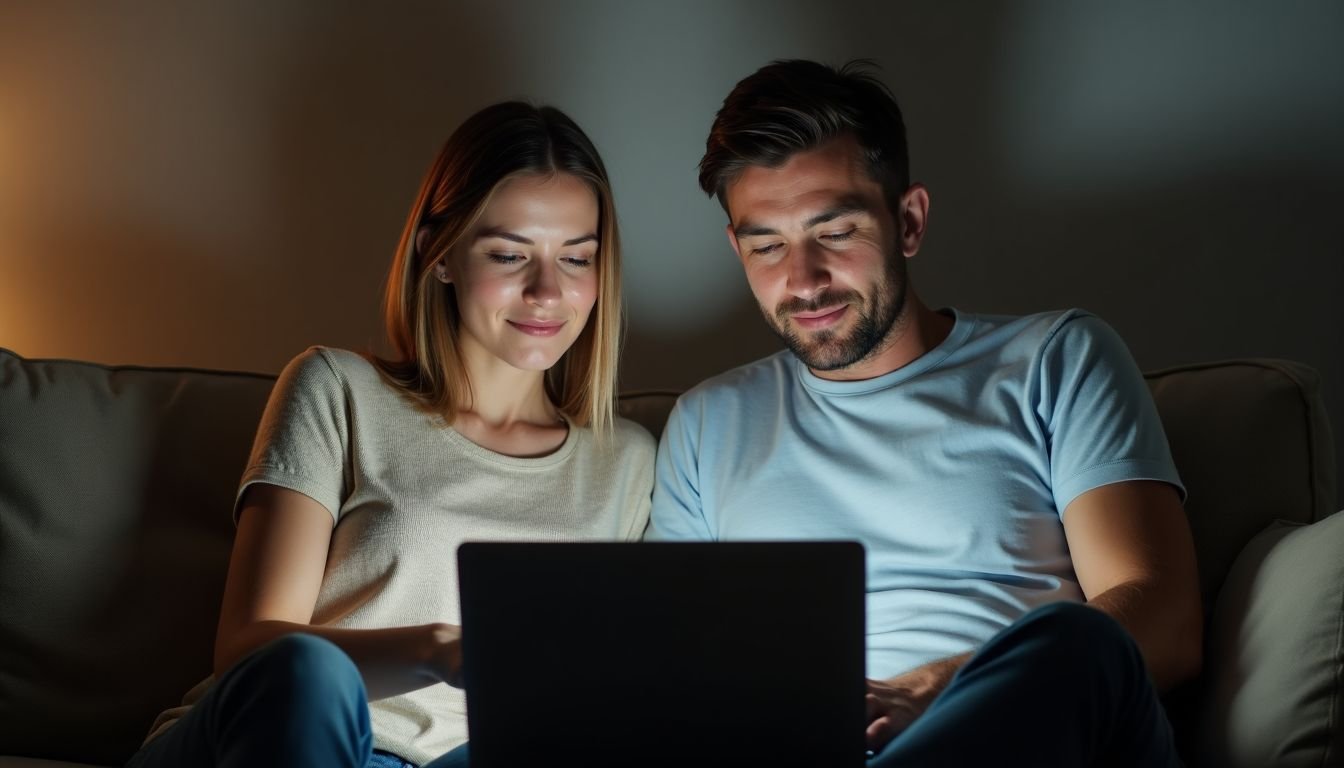 A couple in their 40s sit on a couch, researching cleaning services on a laptop.