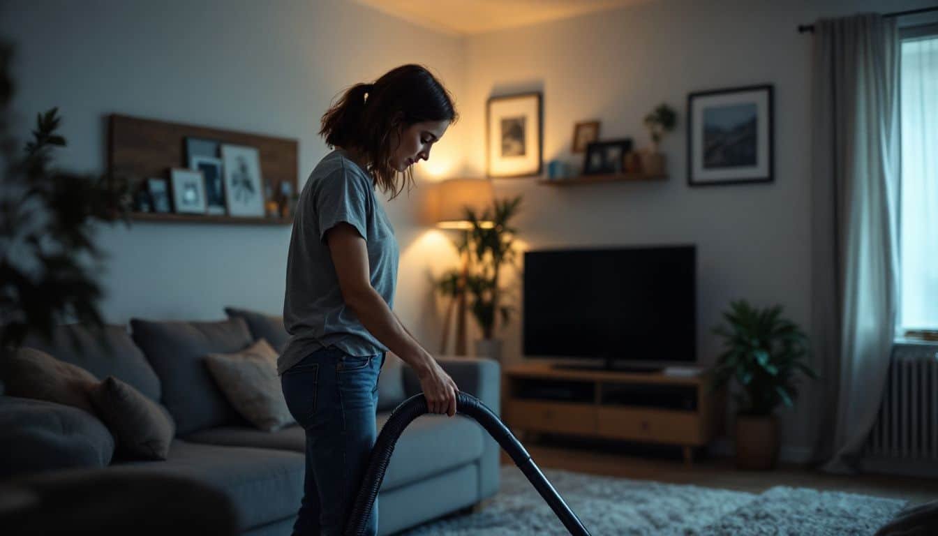 A woman in her 30s is vacuuming a tidy living room in an Airbnb in Miami, FL.