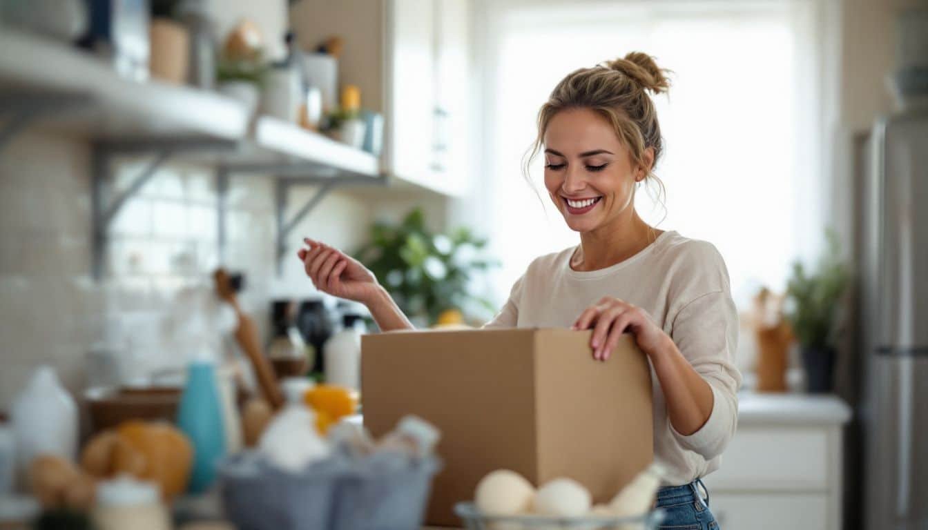 A woman restocking essentials in a vacation rental unit for incoming guests.