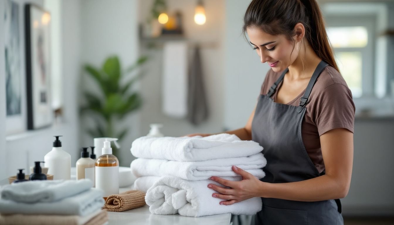 A cleaner restocking essentials in an Airbnb unit in Miami, Florida.