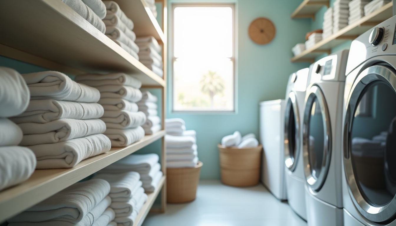 A neatly organized and brightly lit laundry room with freshly washed linens and towels in a Miami Airbnb rental.