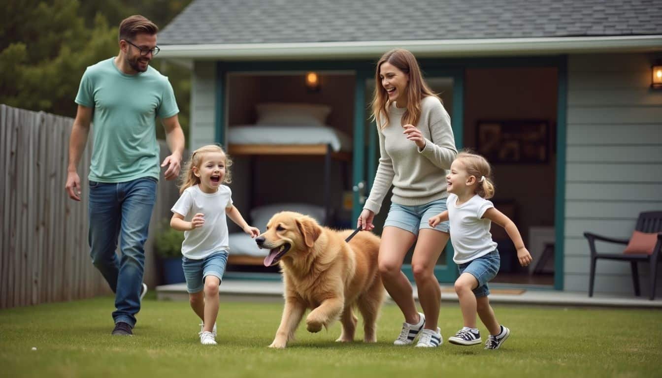 A family enjoying time in their yard with their playful dog and children, with a vacation rental in the background.