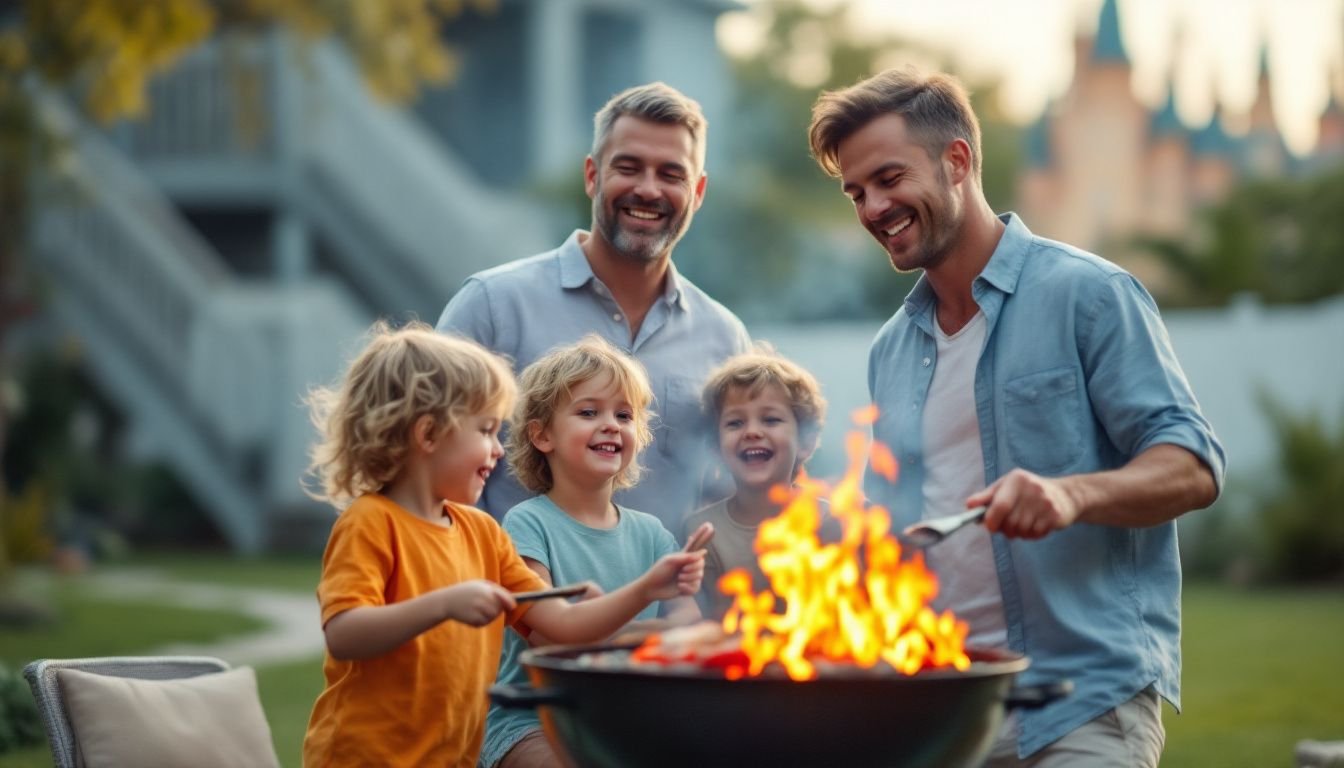 A family enjoys a barbecue near Disney World, with theme park attractions in the background.