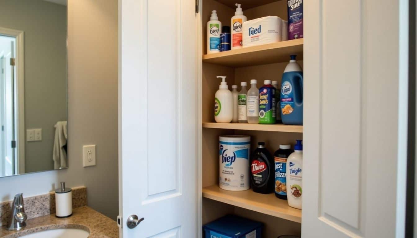 The photo shows a tidy bathroom cabinet and well-organized kitchen pantry in a Miami vacation rental.