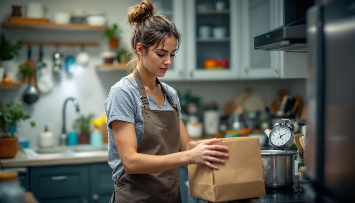 A cleaner restocks a vacation rental kitchen with worn-out appliances in a casual setting.