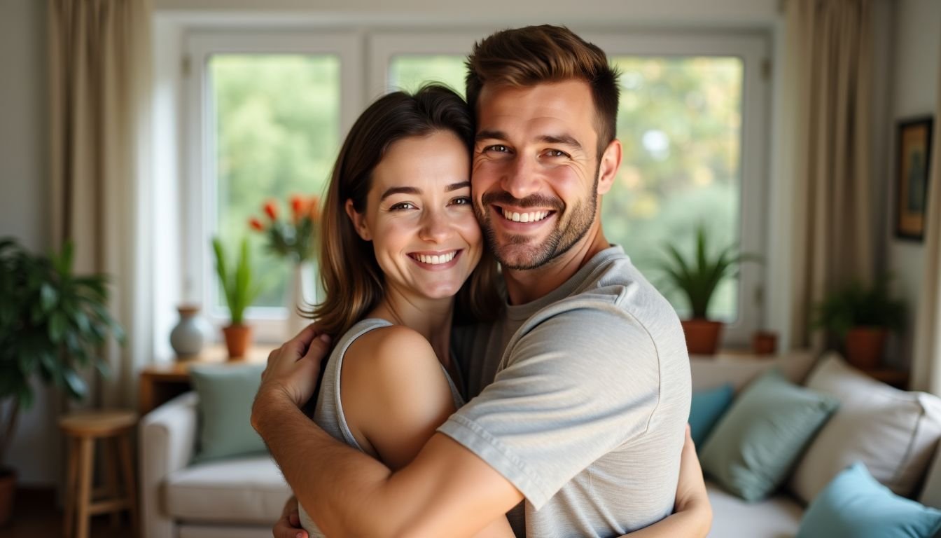 A couple in their mid-30s hugging in a tidy living room.