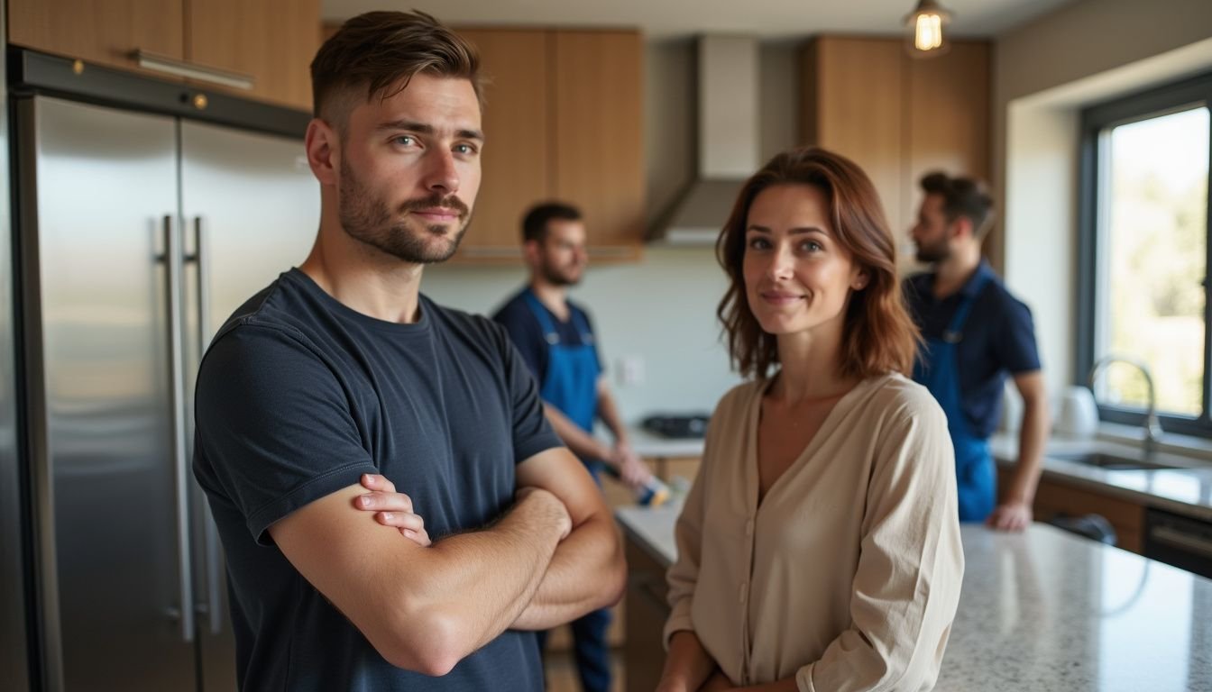 A couple observes professional cleaners in their modern kitchen.
