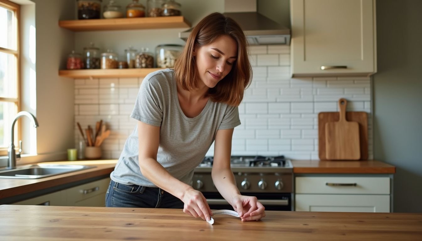 A focused woman measures for a kitchen renovation in a modern space.