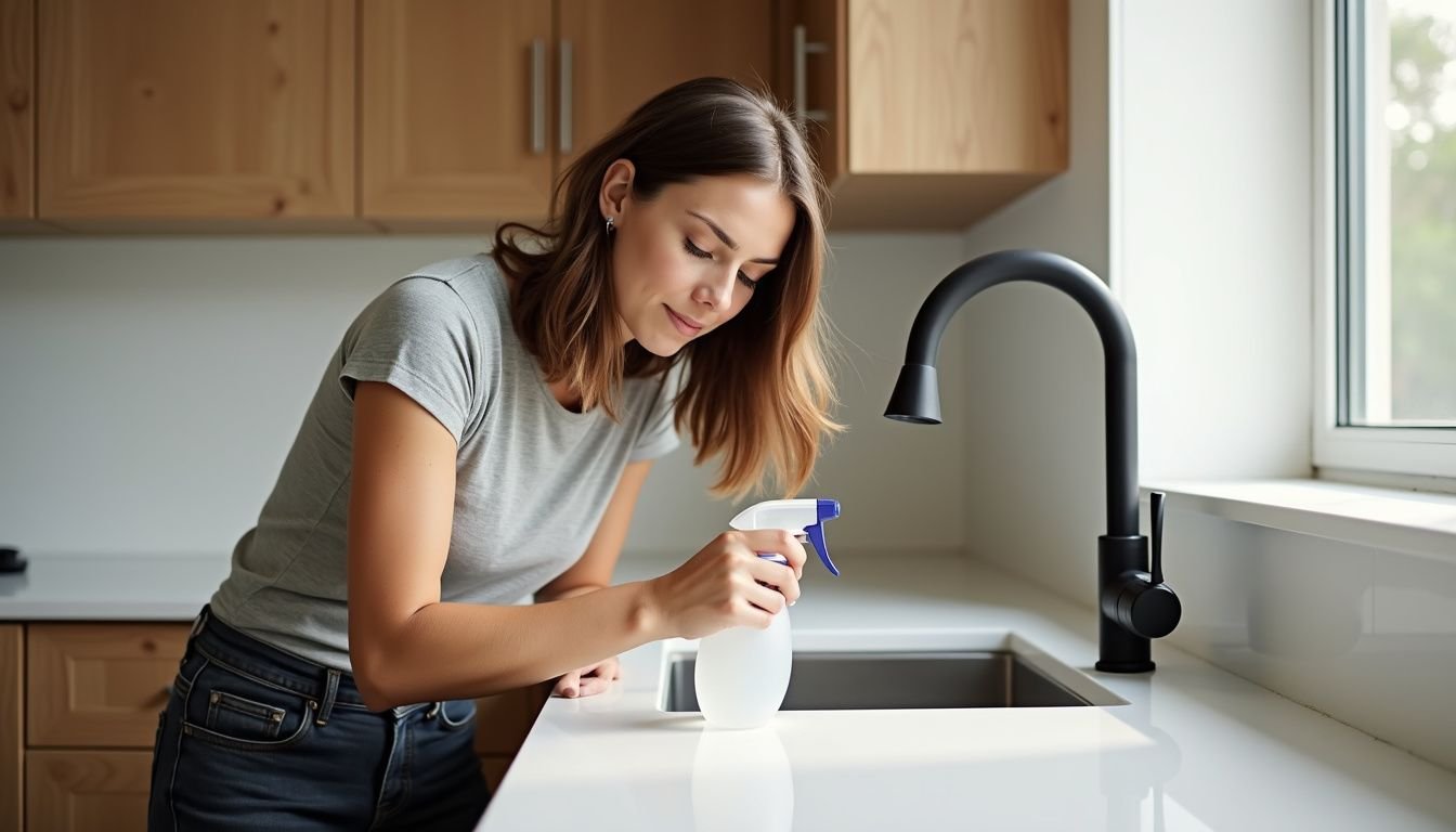 A woman cleans a modern kitchen counter with care and focus.