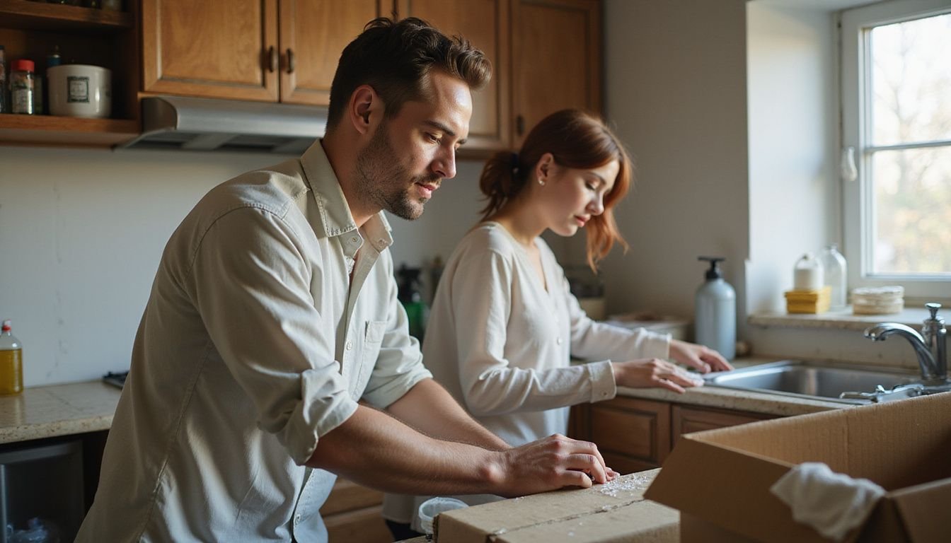 A couple cleans their kitchen together, preparing for a move.