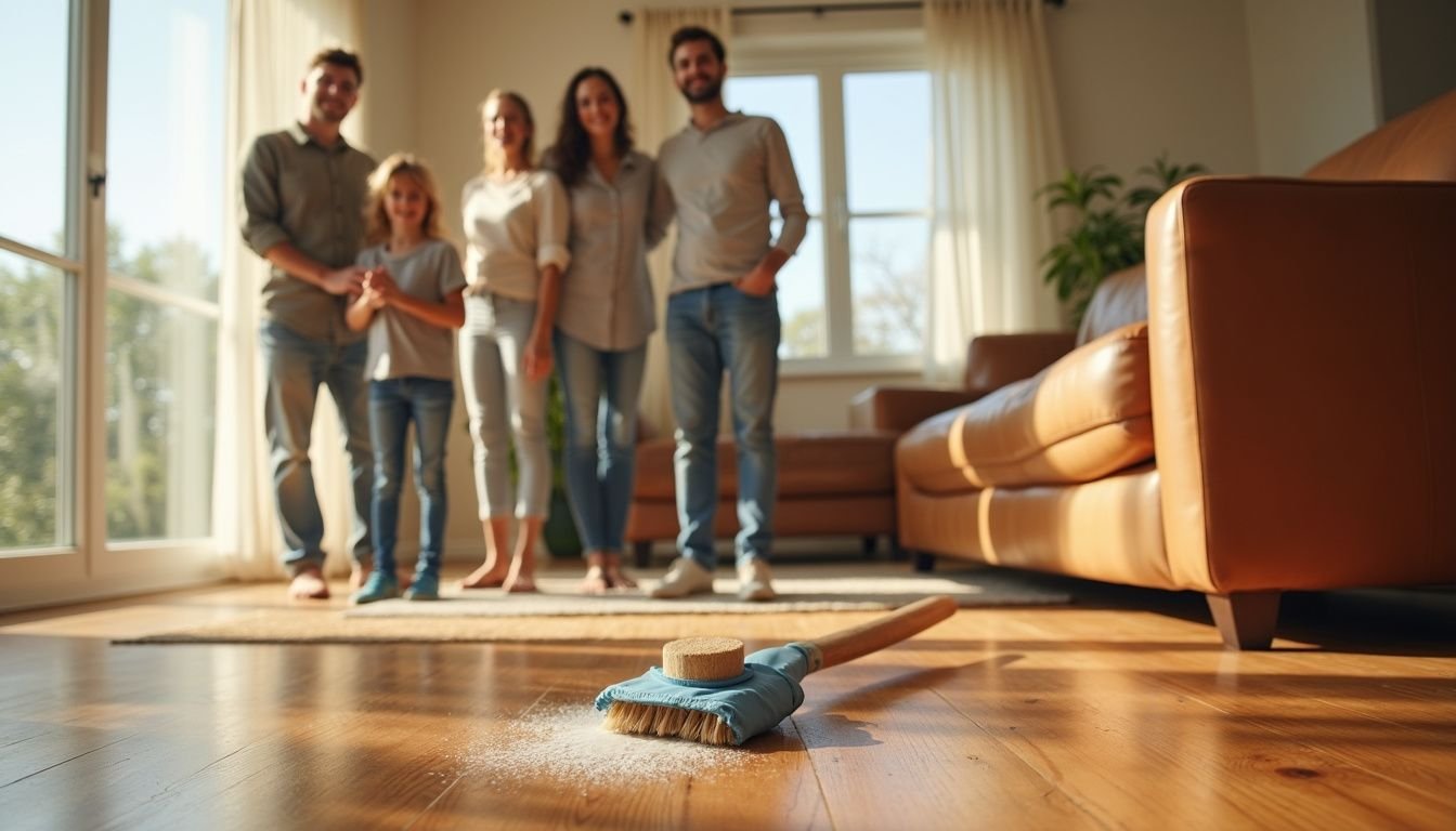 A happy family stands with cleaners in a welcoming Tampa Bay home.