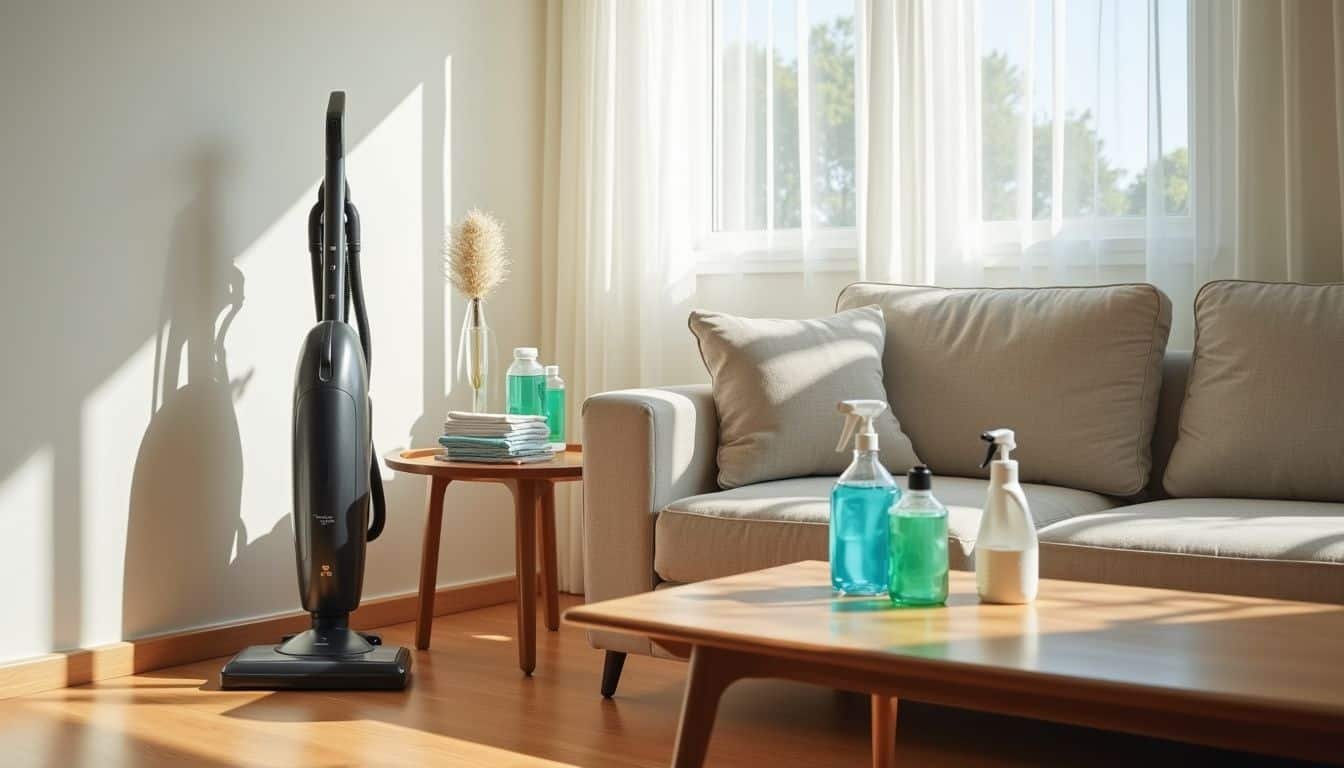 A tidy living room with organized cleaning supplies and modern decor.