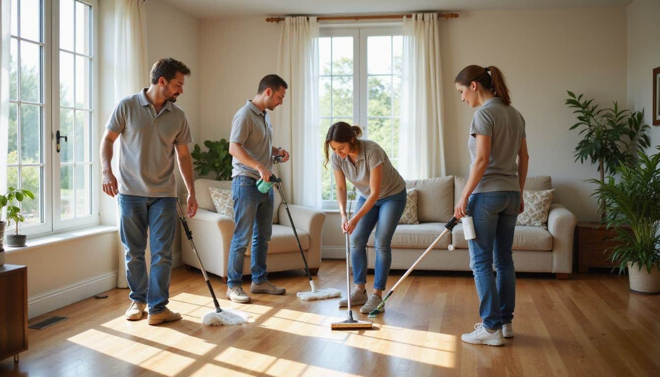 A cleaning crew works diligently in a spacious suburban living room.