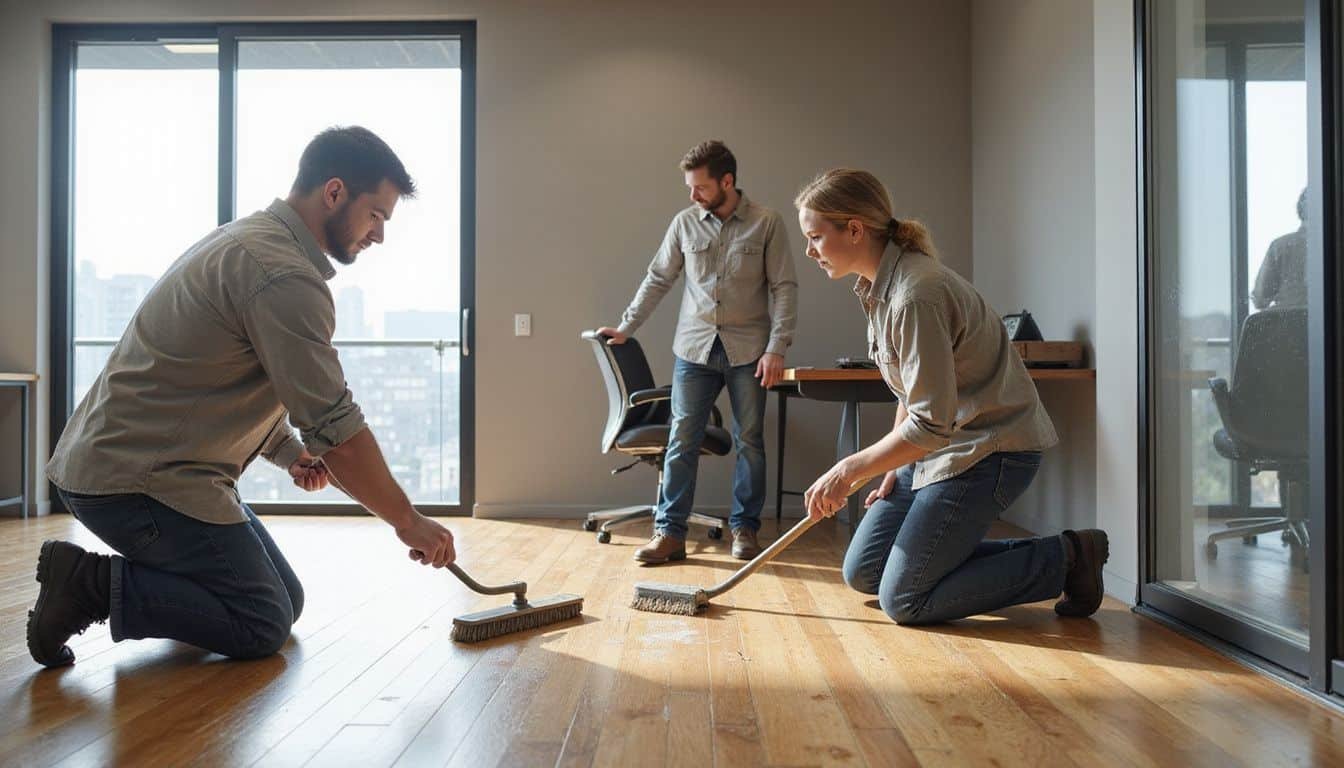 A team of cleaners methodically tidies a newly renovated office space.