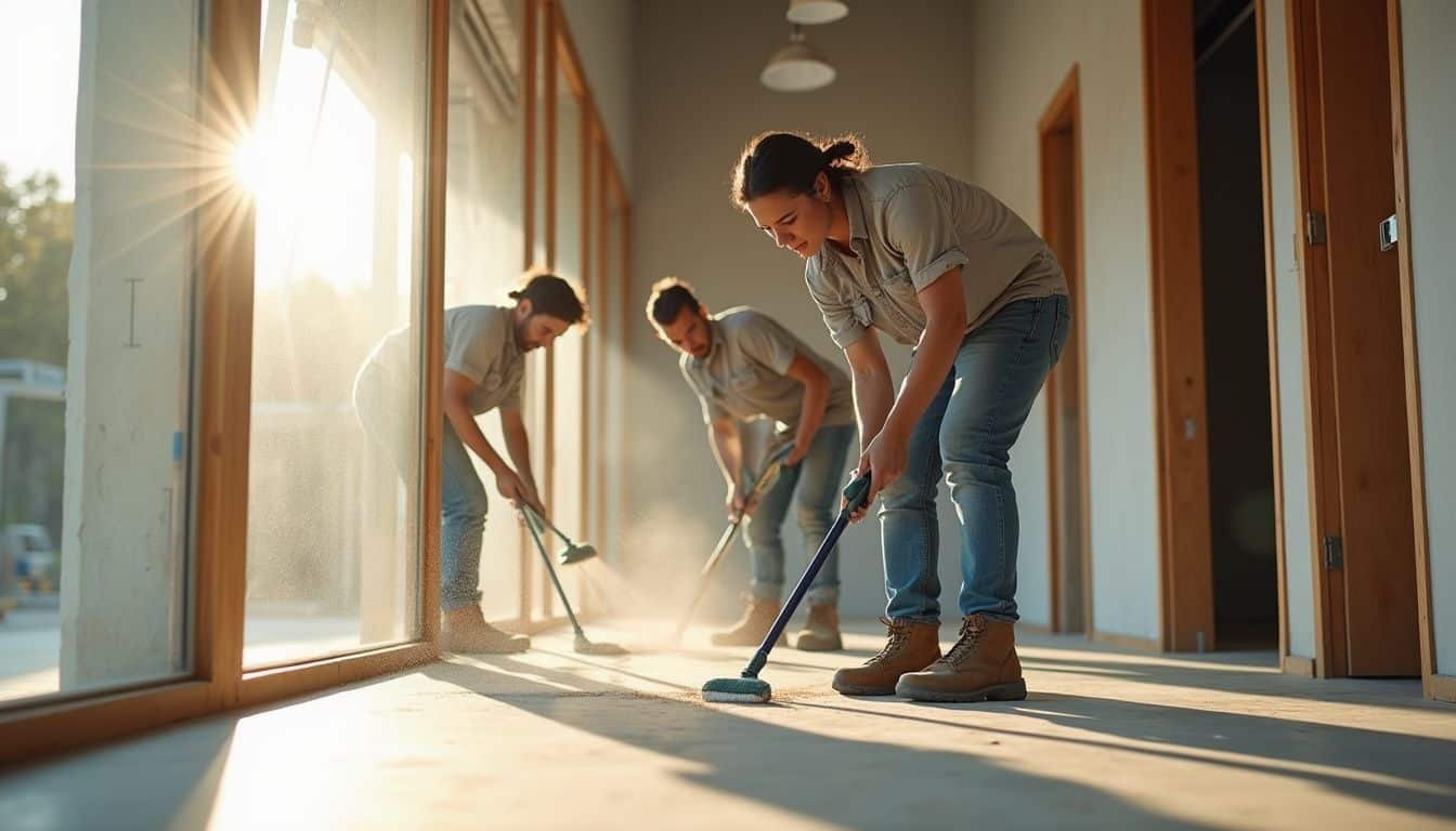A team of cleaners diligently works in a newly finished building.