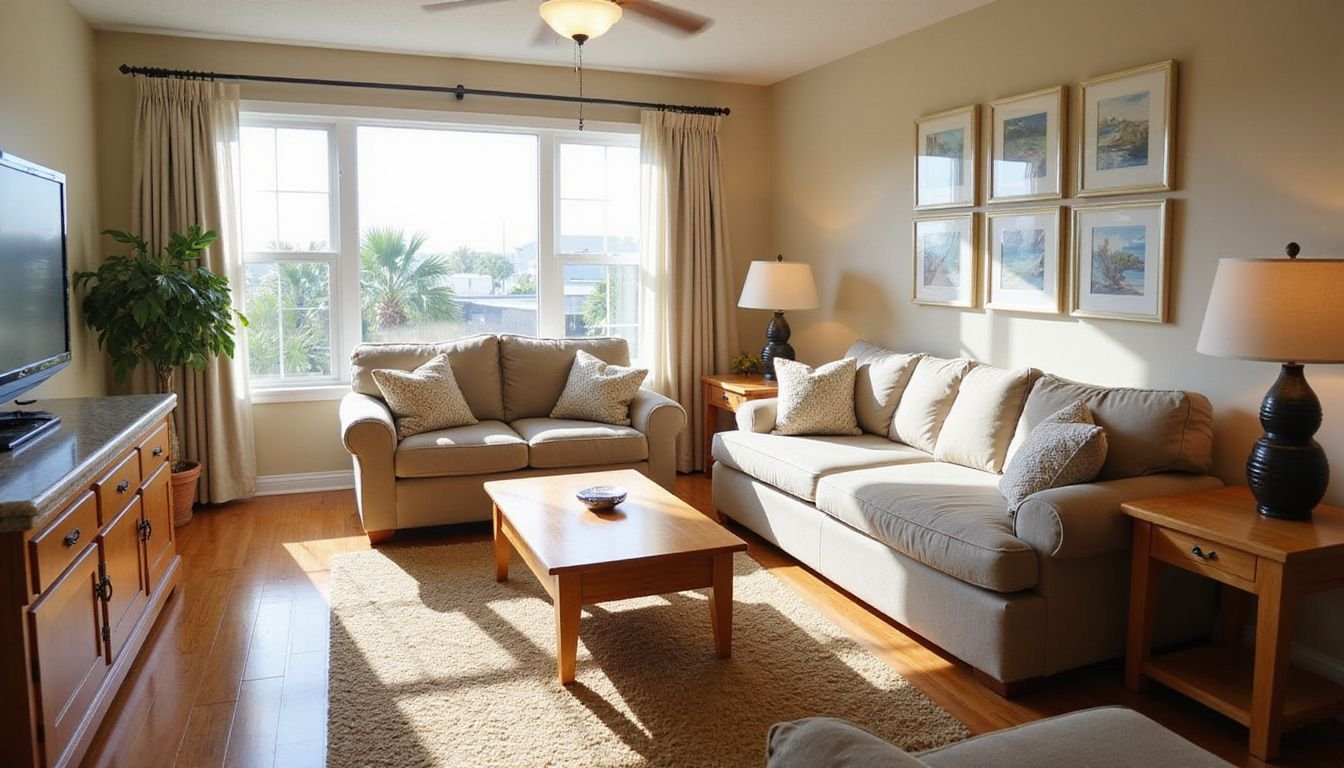 Meticulously organized living room showcasing coastal decor and cleanliness.