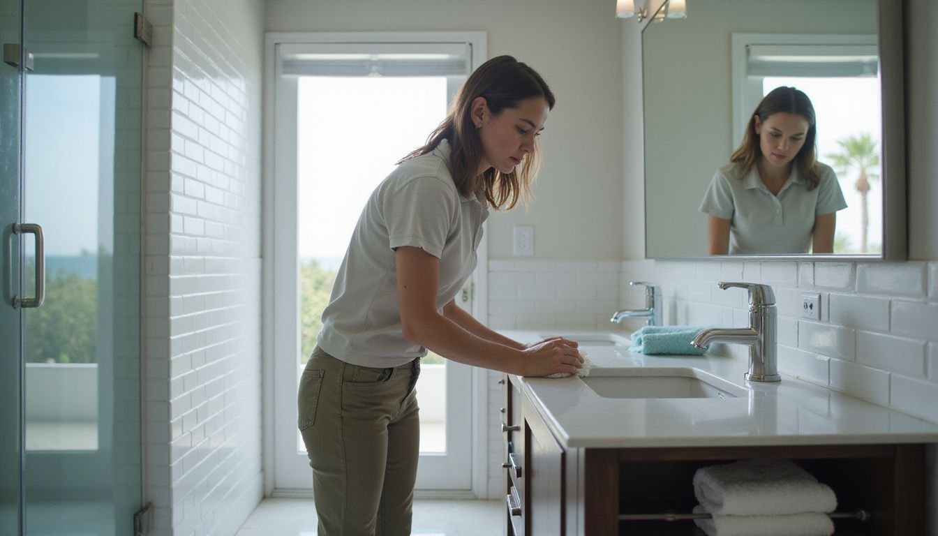 A woman inspects a bathroom while holding a microfiber cloth.