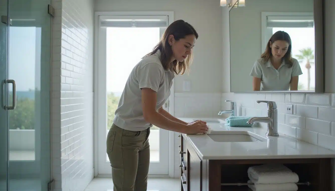 A woman inspects a bathroom while holding a microfiber cloth.