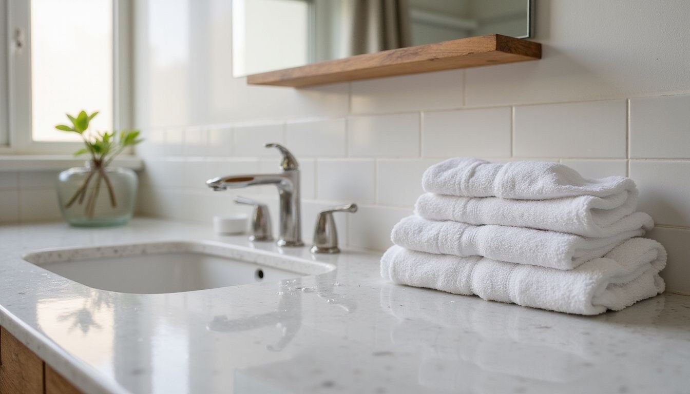 A pristine bathroom in an Airbnb showcases elegant design and cleanliness. A pristine bathroom in an Airbnb showcases elegant design and cleanliness.