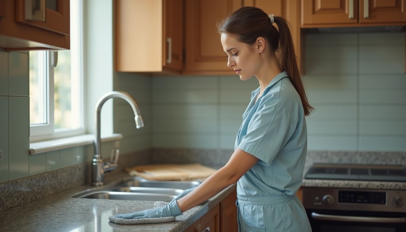 A woman in a cleaning uniform tidies a modest kitchen.