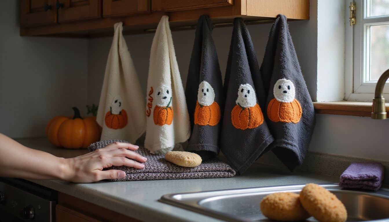 A cozy kitchen features Halloween-themed towels and cleaning supplies. A cozy kitchen features Halloween-themed towels and cleaning supplies.