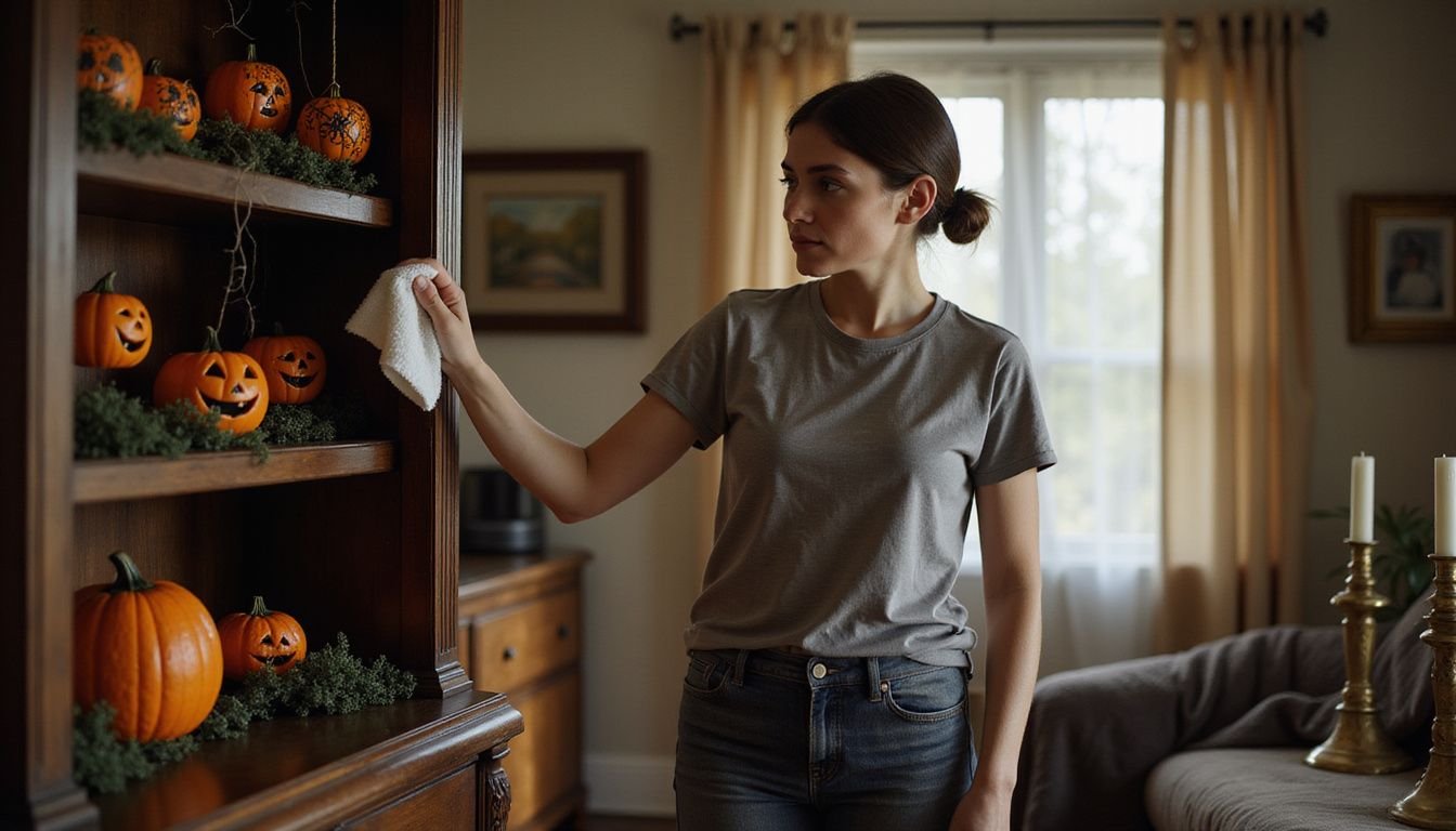 A woman cleans Halloween decorations in a cozy living room. A woman cleans Halloween decorations in a cozy living room.