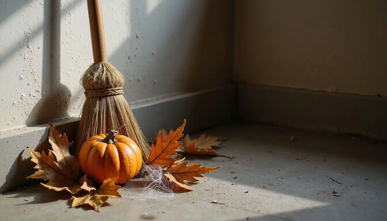 A rustic broom leans against a textured wall with Halloween decorations.