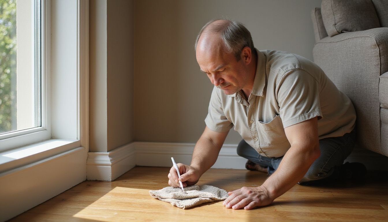 A middle-aged person meticulously cleans the baseboard in a tidy living room.